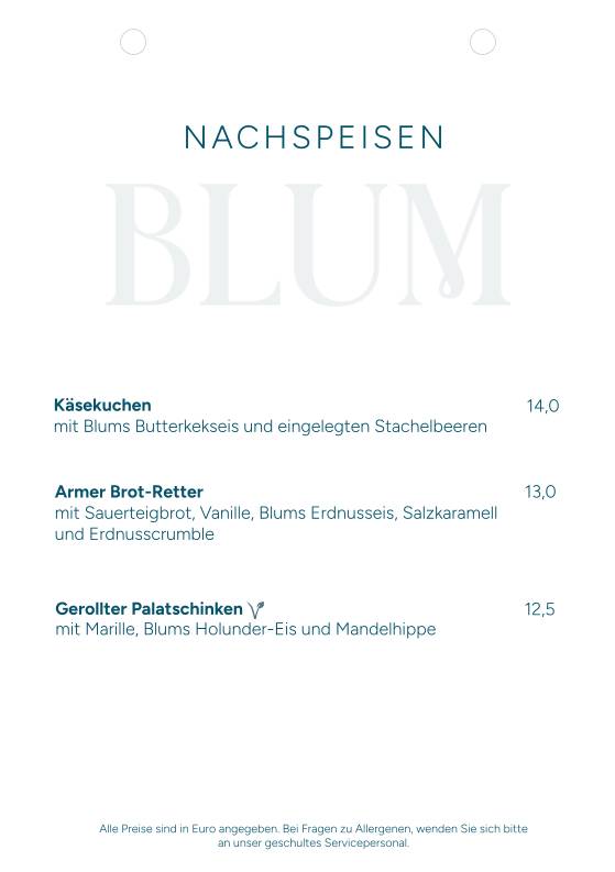 Restaurant Blum меню