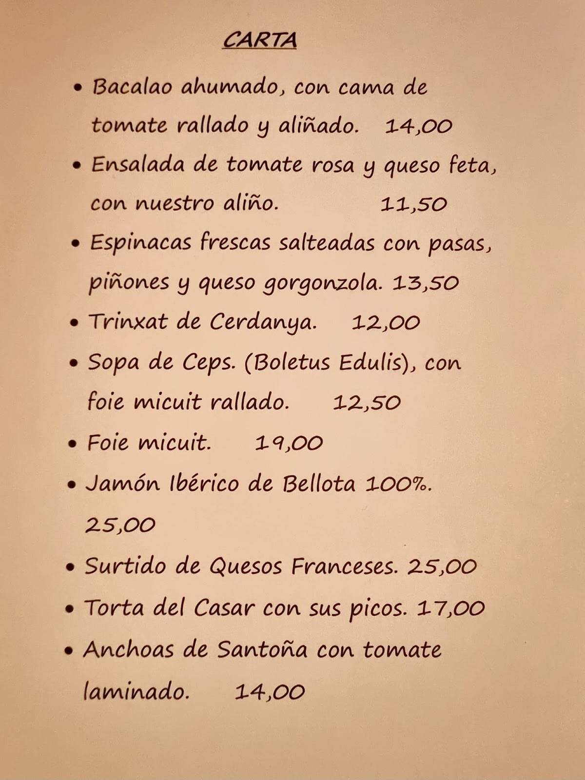 Restaurant De Bar Casa Cabestany меню