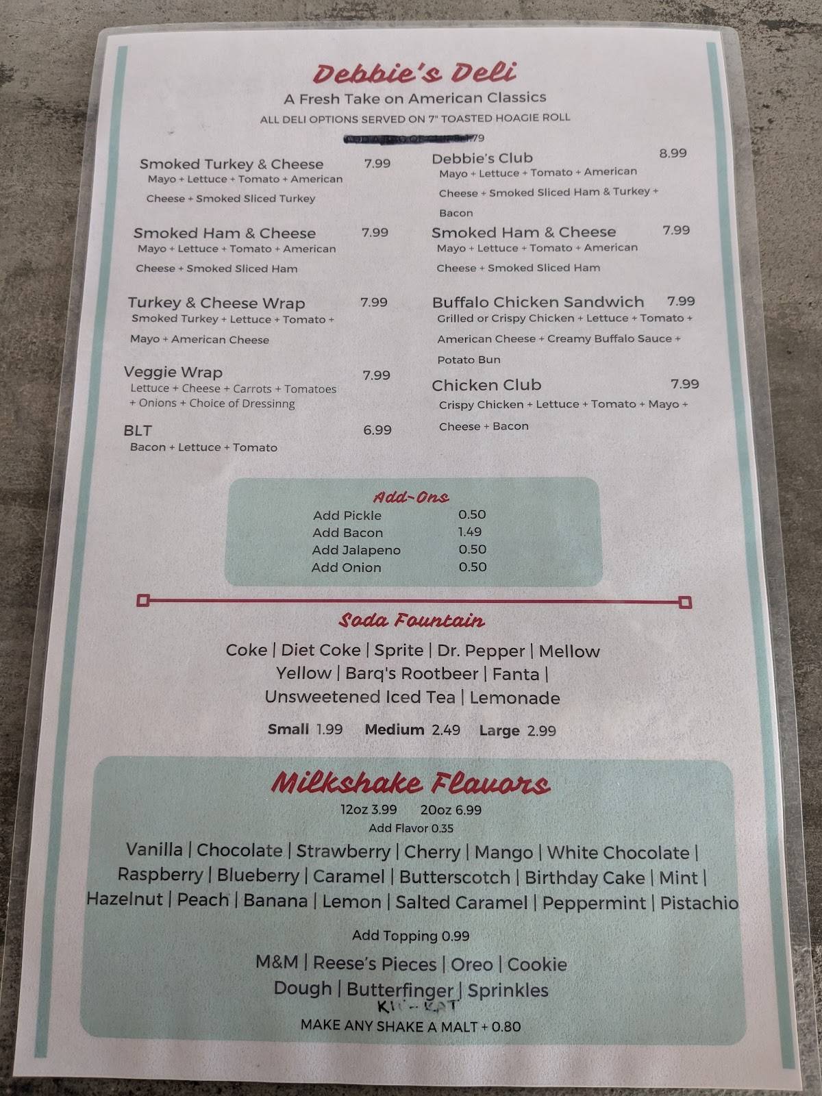 Debbie's Drive In меню