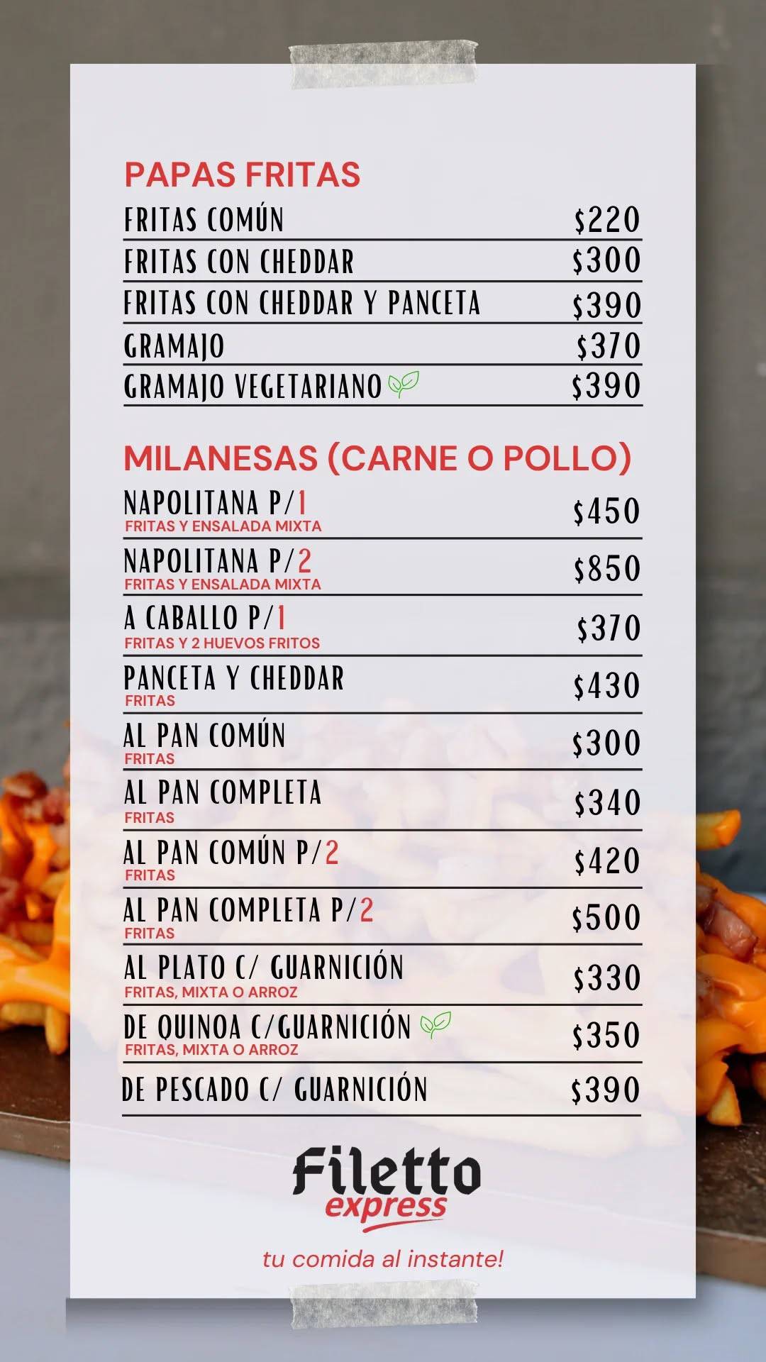Filetto Express меню
