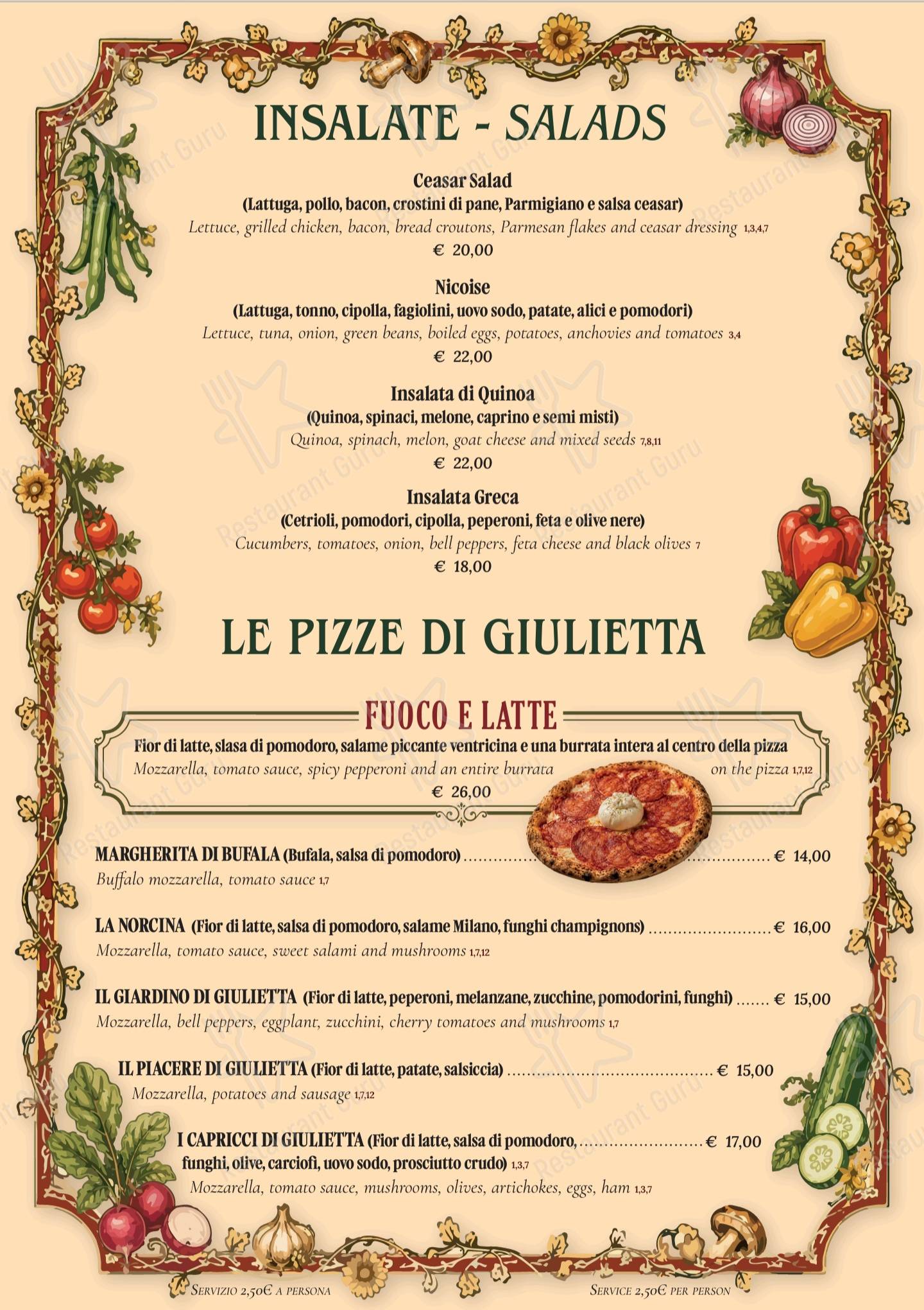 Меню Giulietta alle Carrozze Ristorante - блюда и напитки