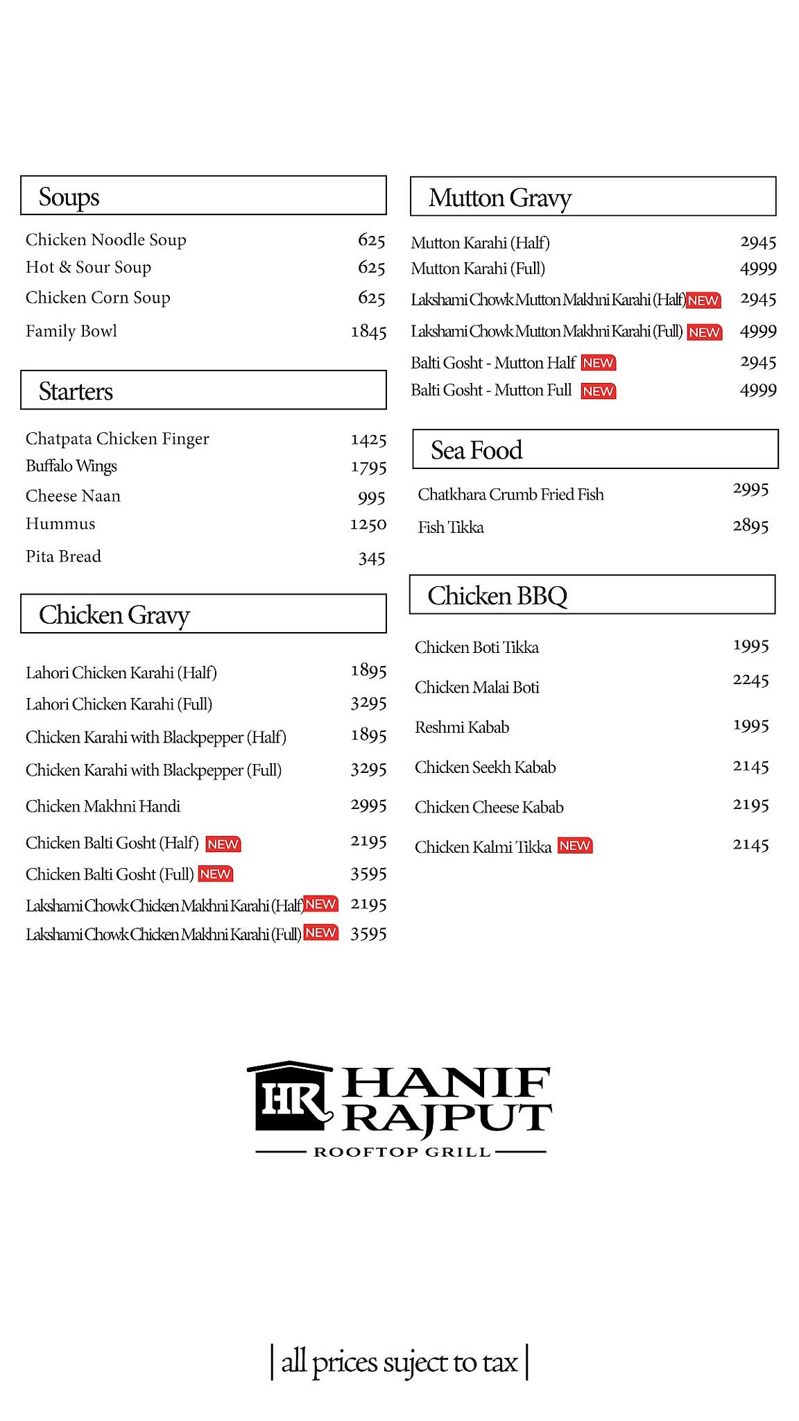 Hanif Rajput Rooftop Grill меню