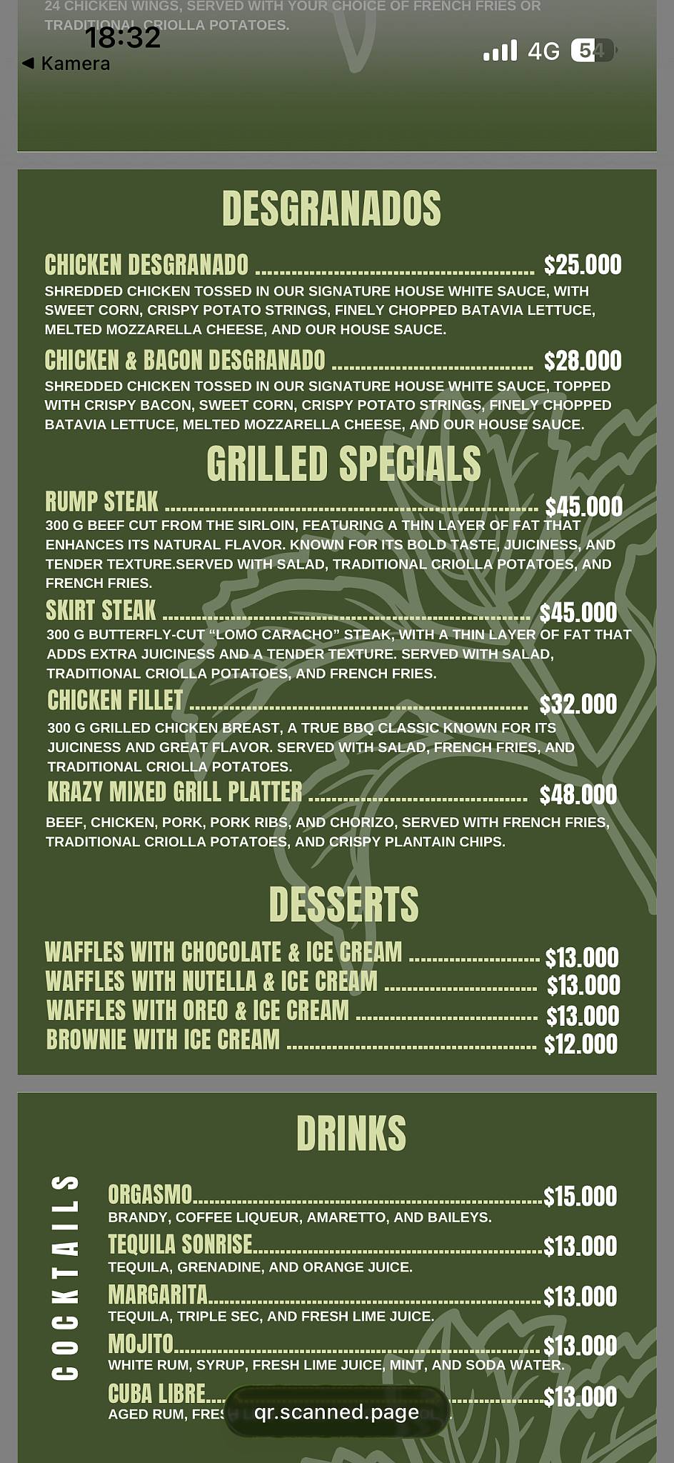 Restaurante Krazy kaos меню