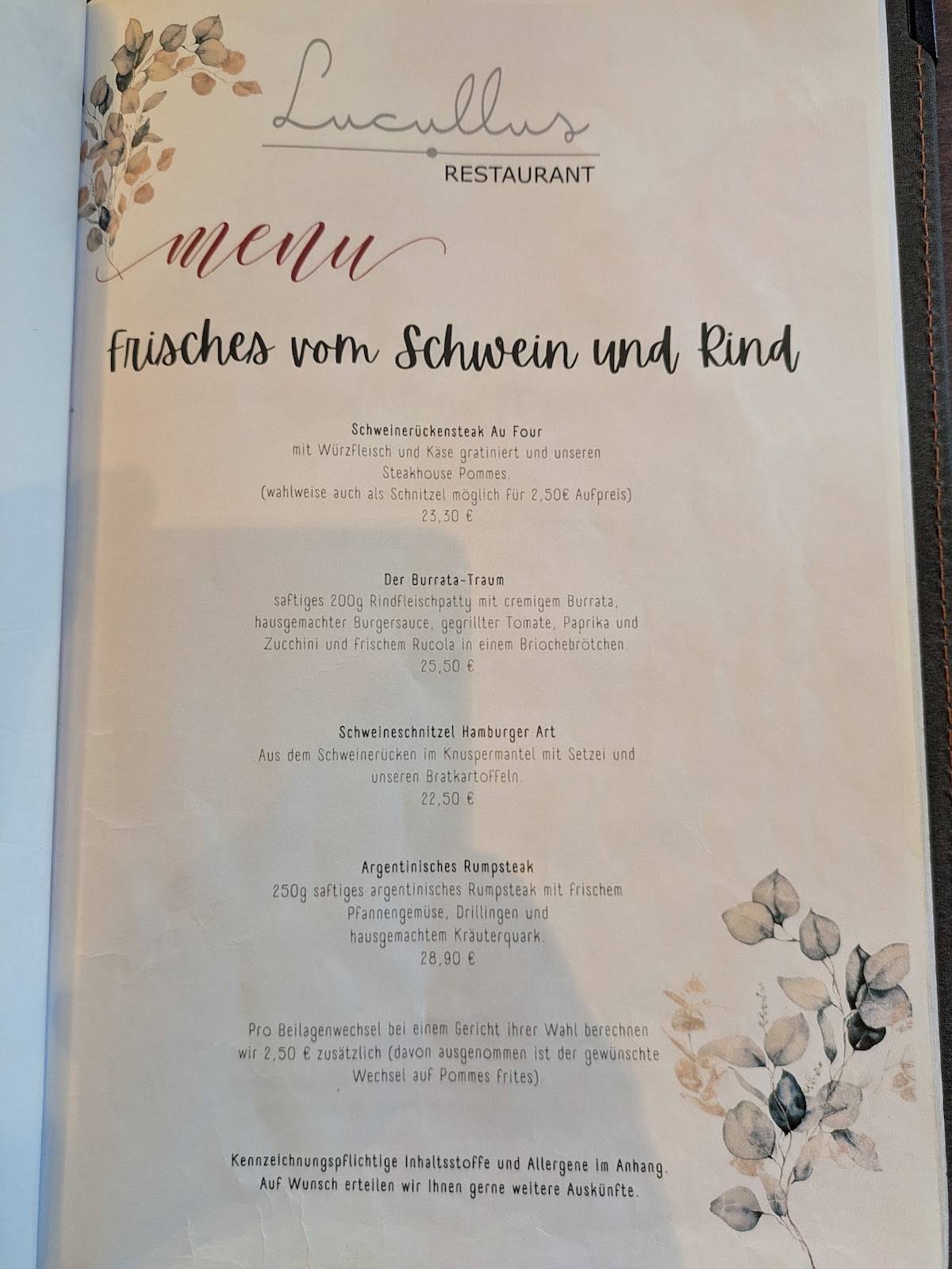 Restaurant Lucullus меню