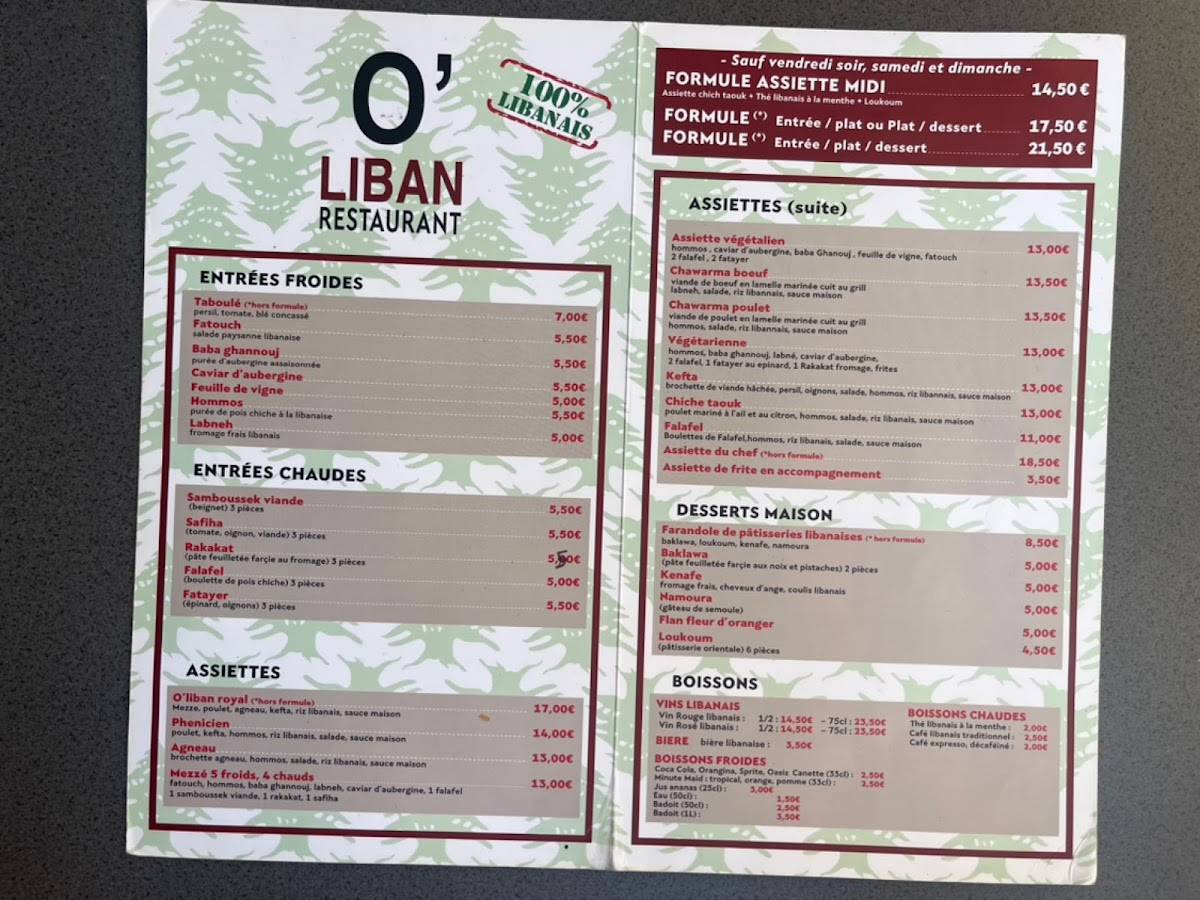 Restaurant O'Liban меню