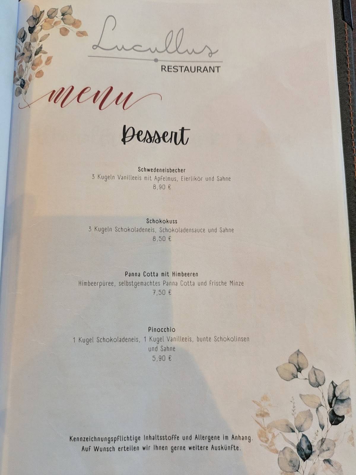 Restaurant Lucullus меню