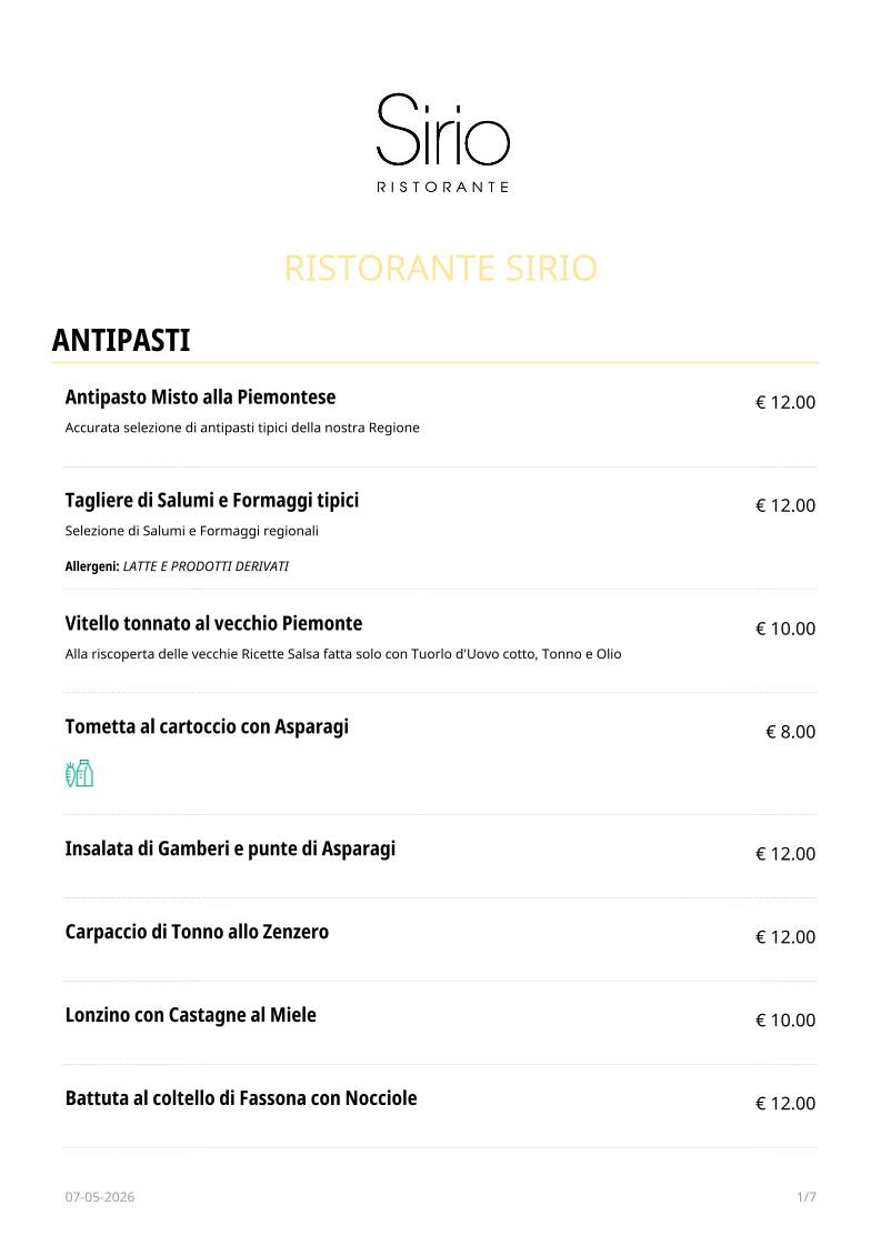 Ristorante Sirio меню