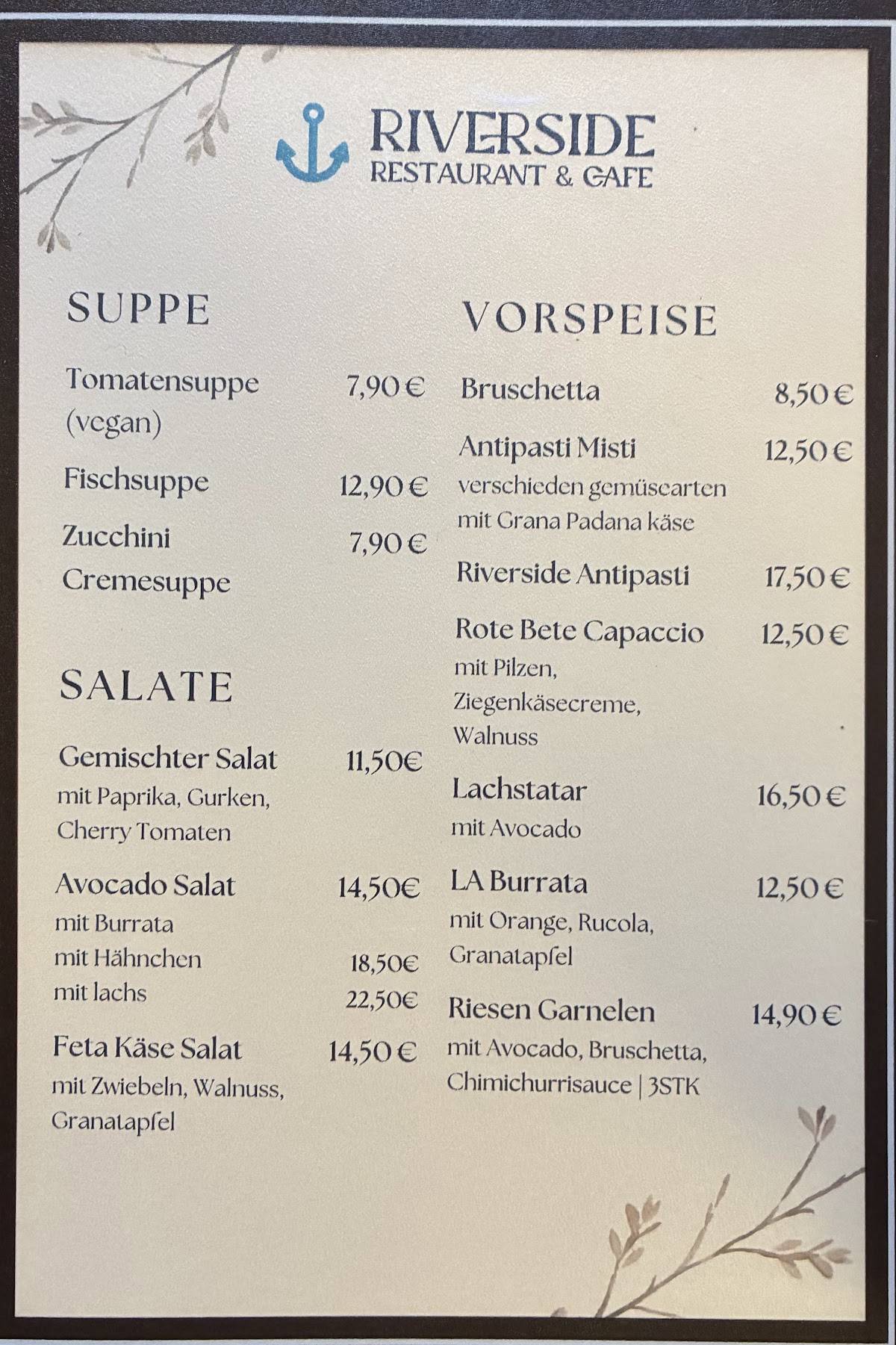 Riverside Restaurant & Cafe меню