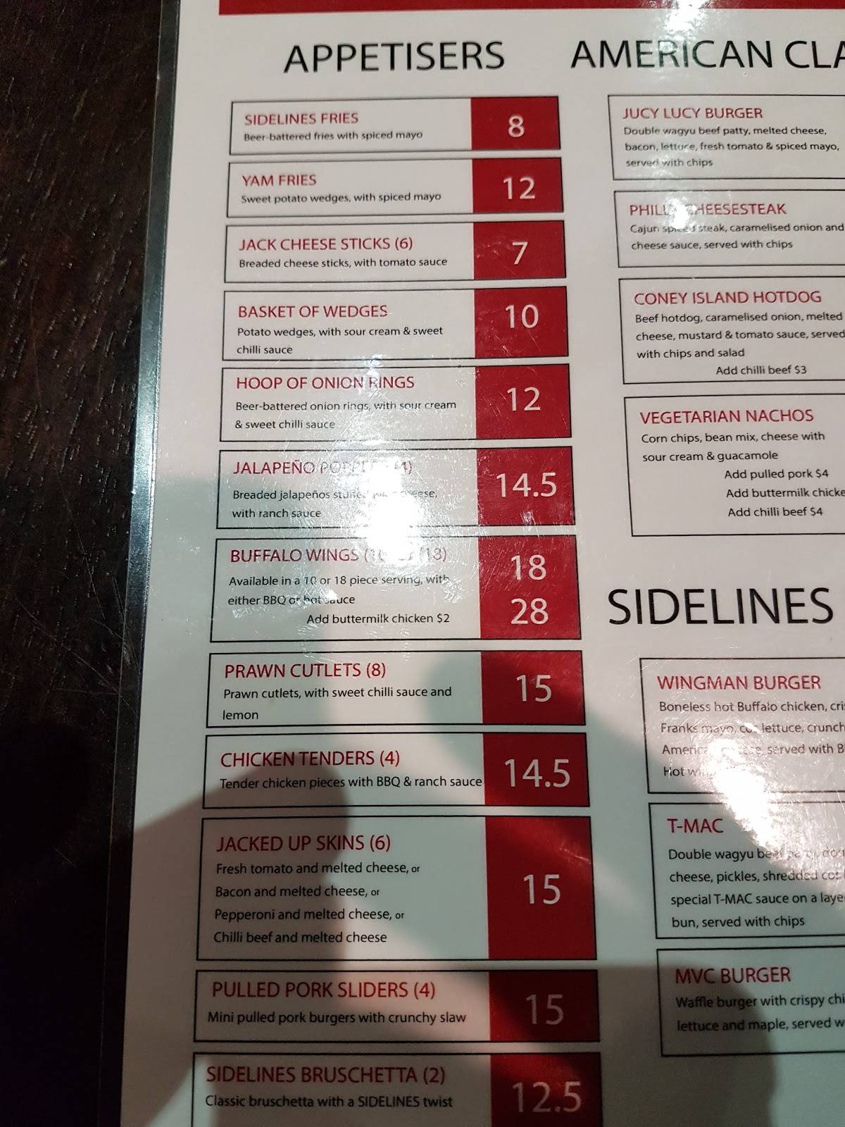 Sidelines Sports Grill меню