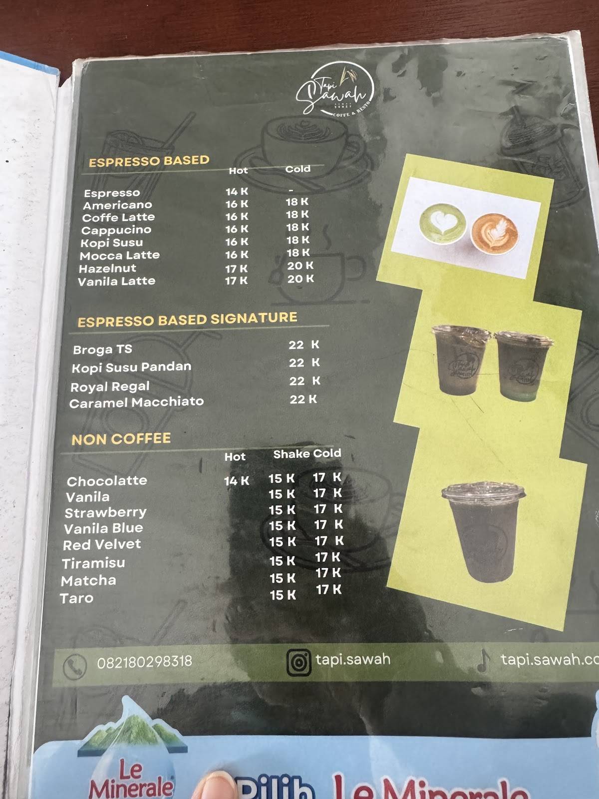 TAPI SAWAH CAFFE N RESTO меню