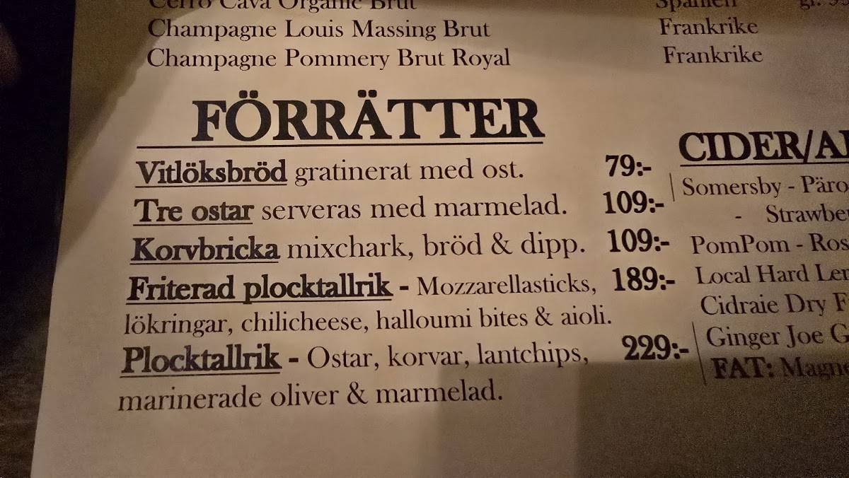 Trivs pub & restaurang меню