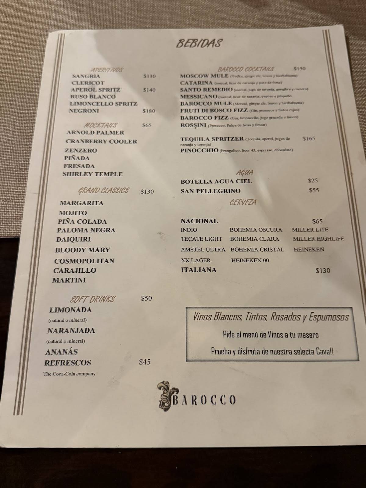Restaurante Barocco - Durango меню