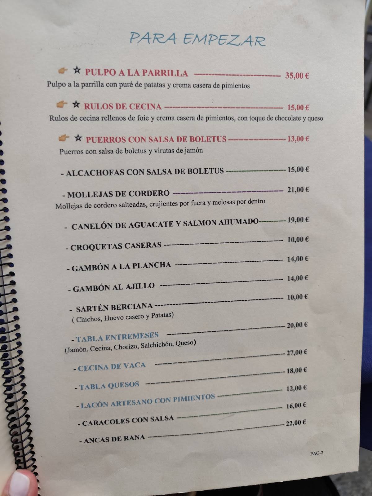 Restaurante María Cañas меню