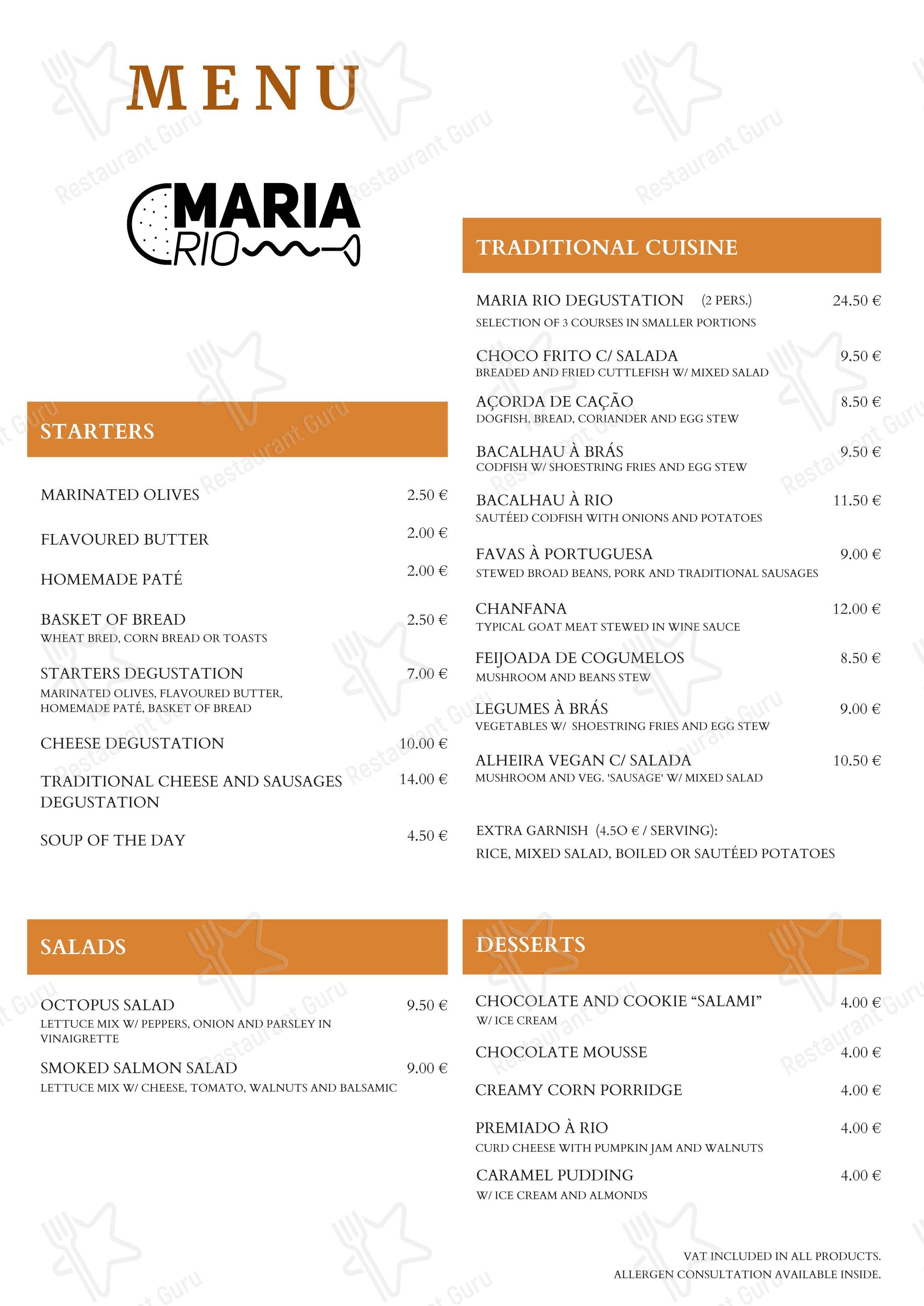 Меню ресторана Restaurante Maria Rio - Меню
