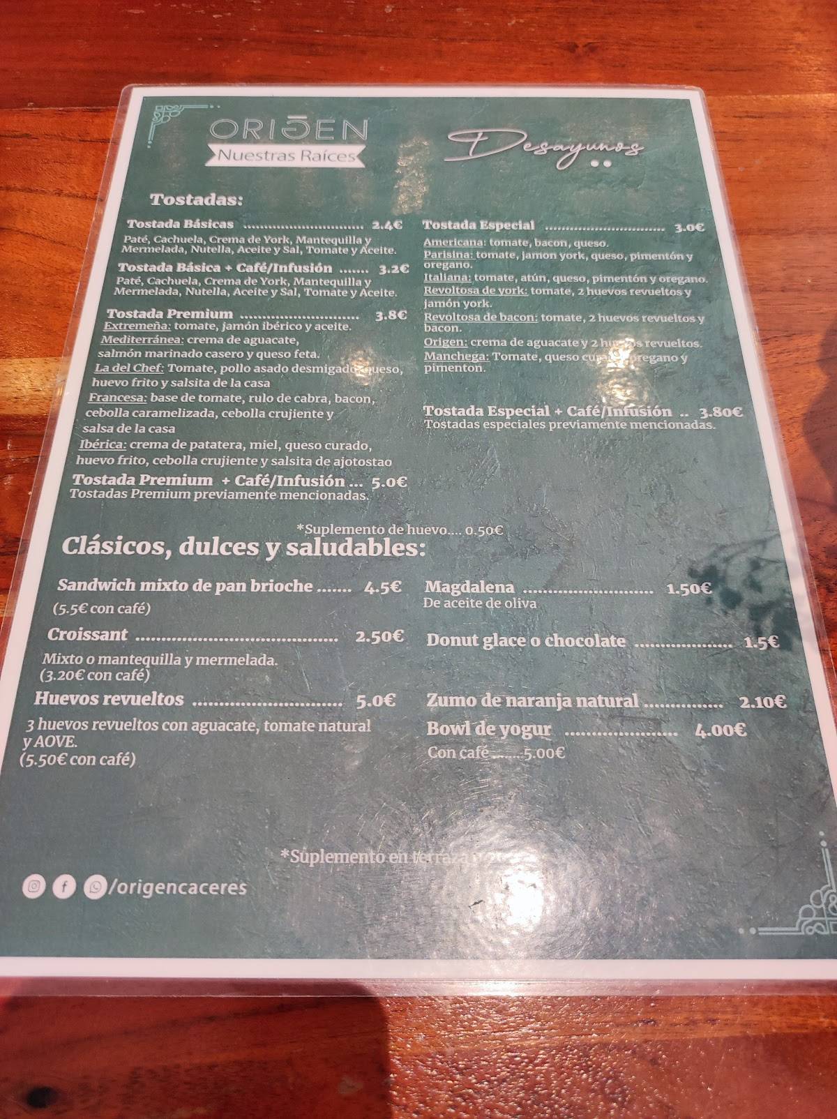 Origen Café Bar меню