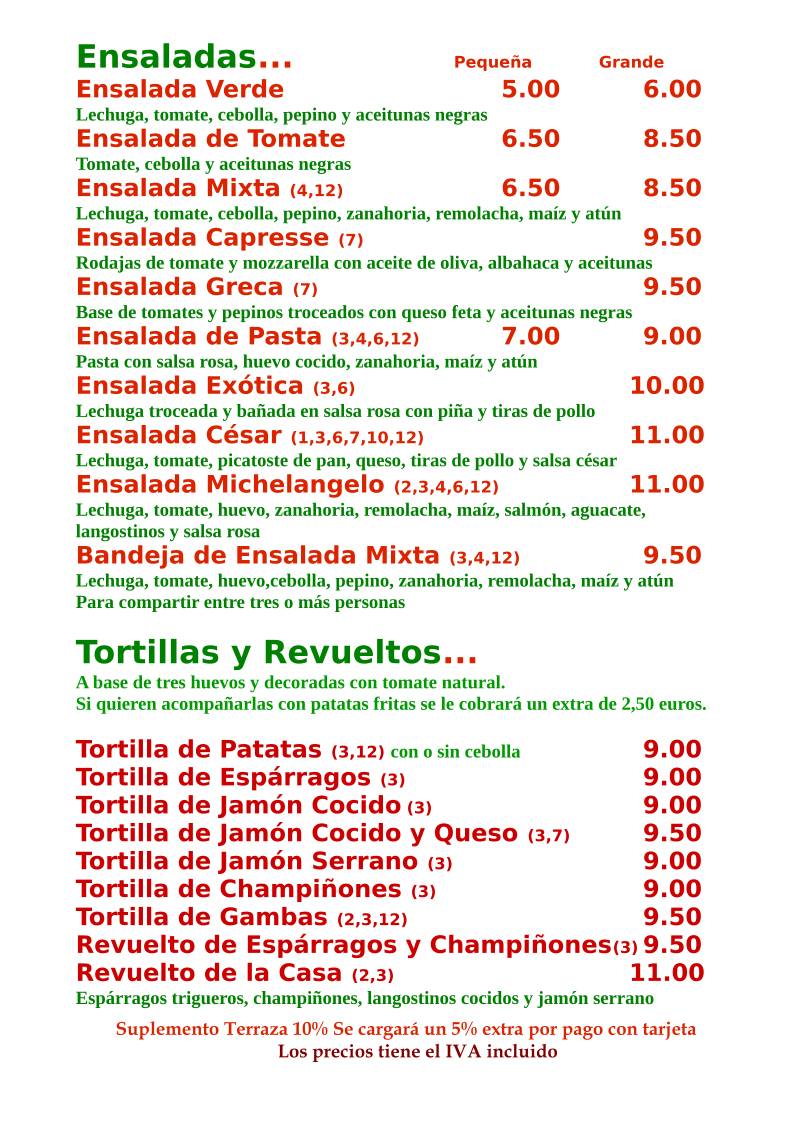 Restaurante Pizzería Michelangelo меню