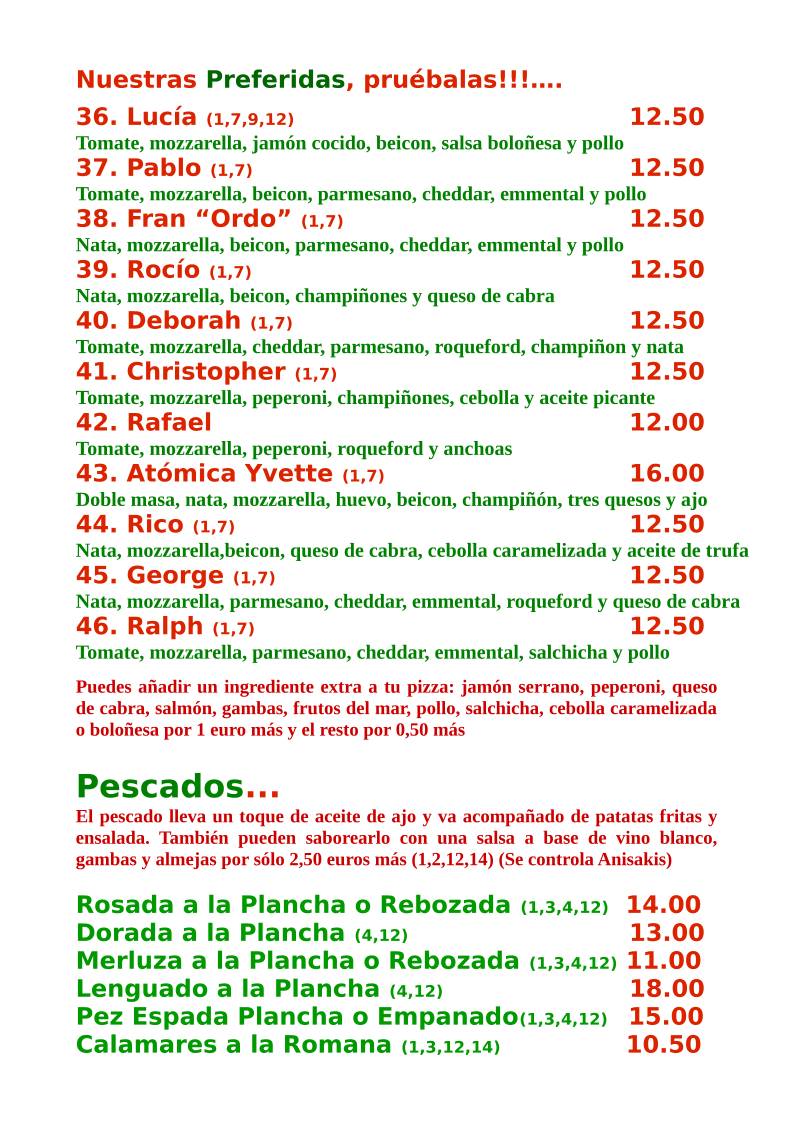 Restaurante Pizzería Michelangelo меню