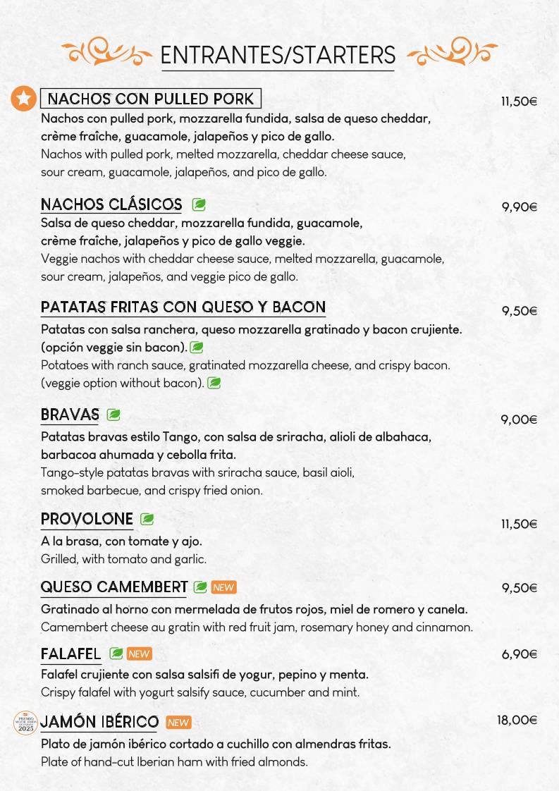 Restaurante Tango - Playa La Fossa меню