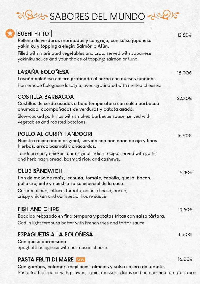 Restaurante Tango - Playa La Fossa меню