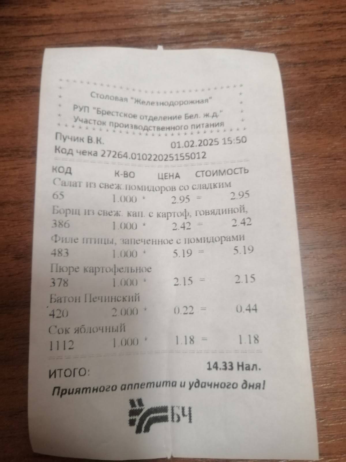 Ресторан вокзала ст. Брест-Центральный меню