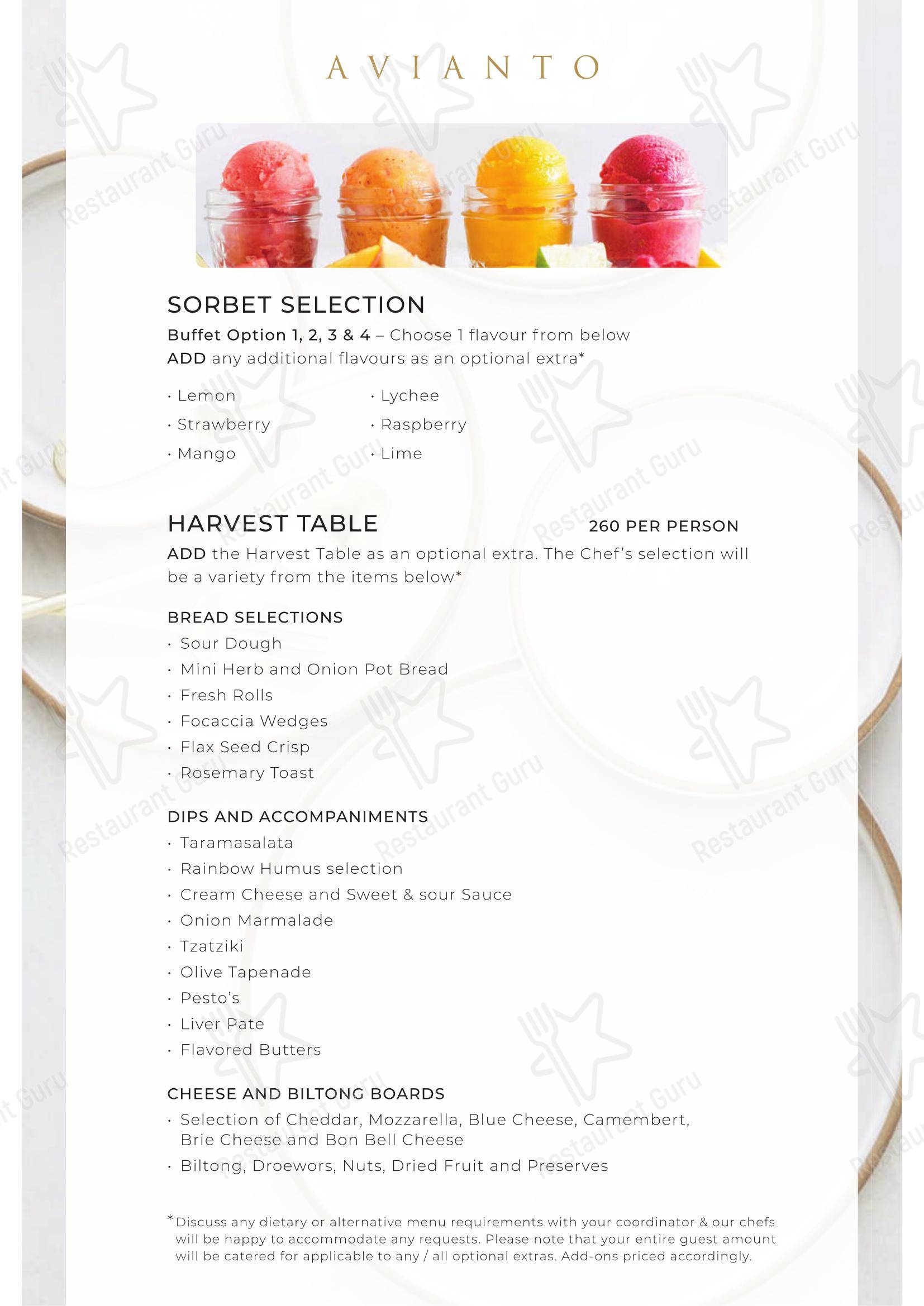 Меню ресторана Restaurant Cielo @ Avianto - Takeaway Menu