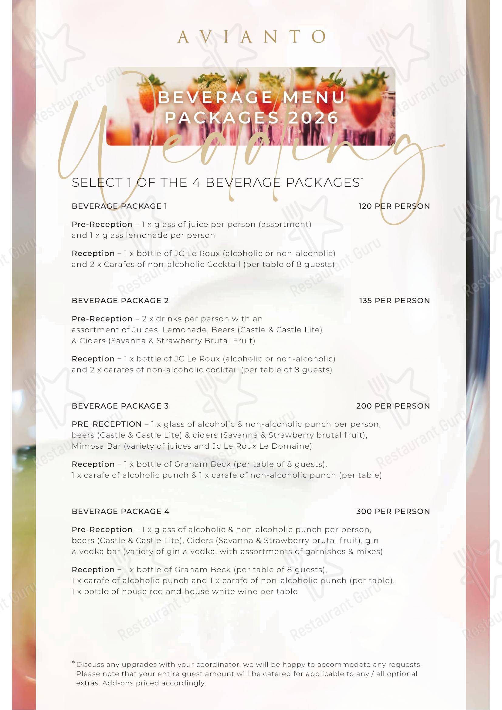 Меню ресторана Restaurant Cielo @ Avianto - Takeaway Menu