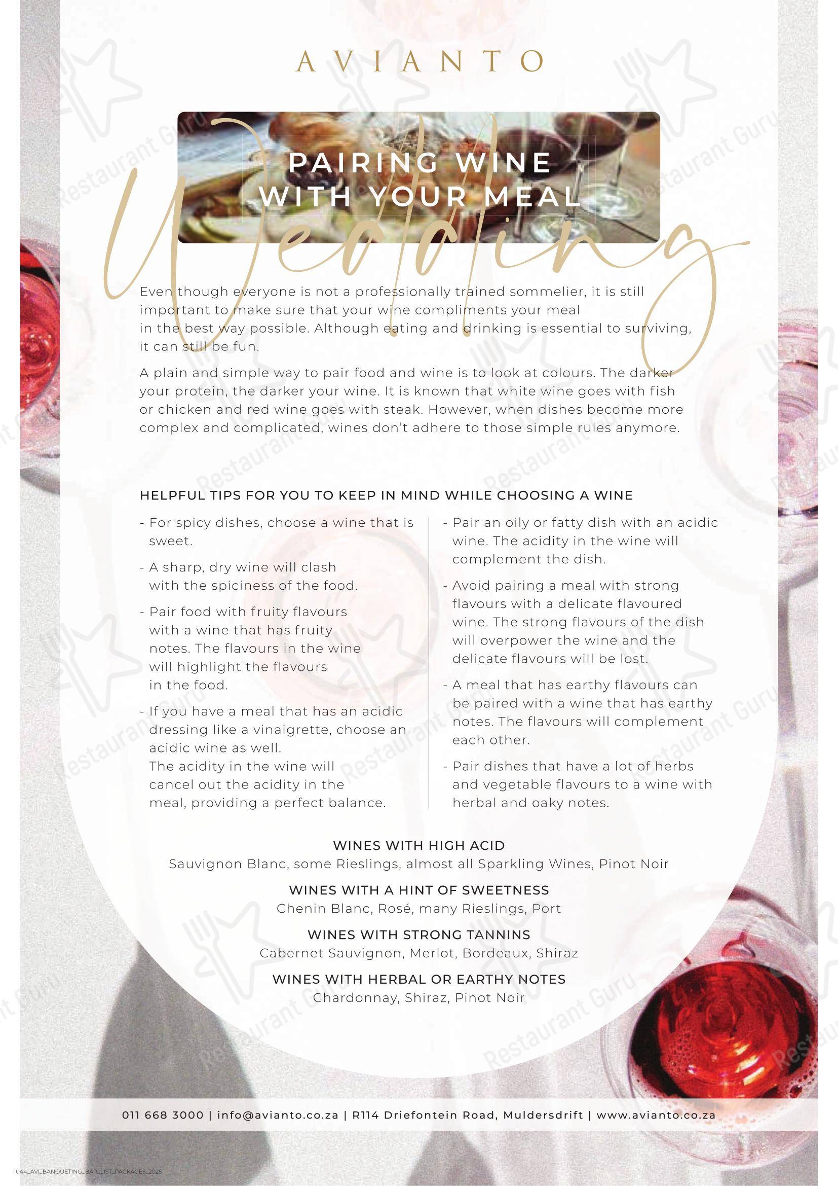 Takeaway Menu ресторана Restaurant Cielo @ Avianto