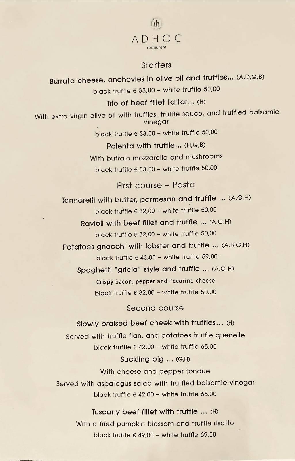 Ristorante Ad Hoc меню