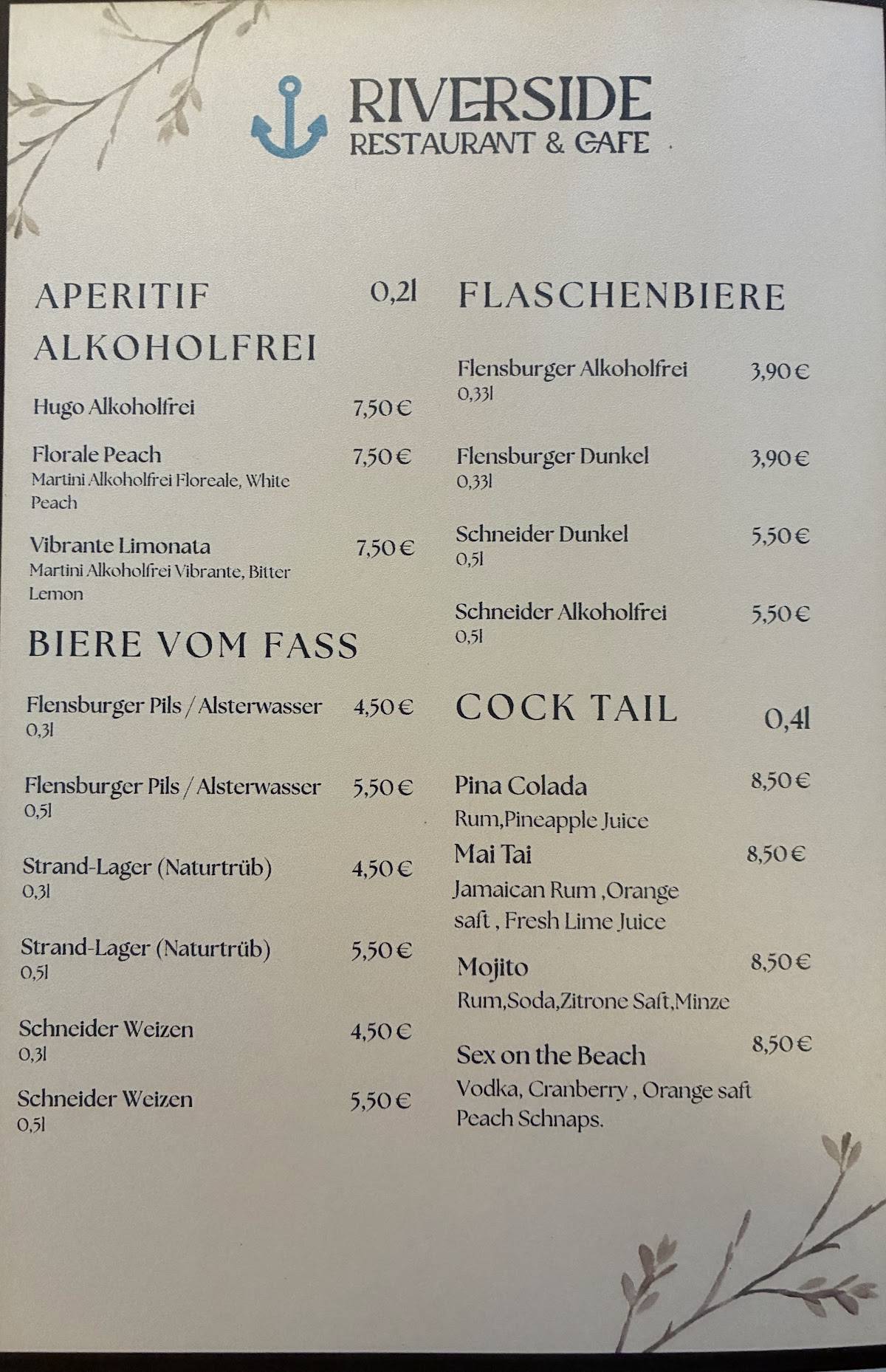Riverside Restaurant & Cafe меню