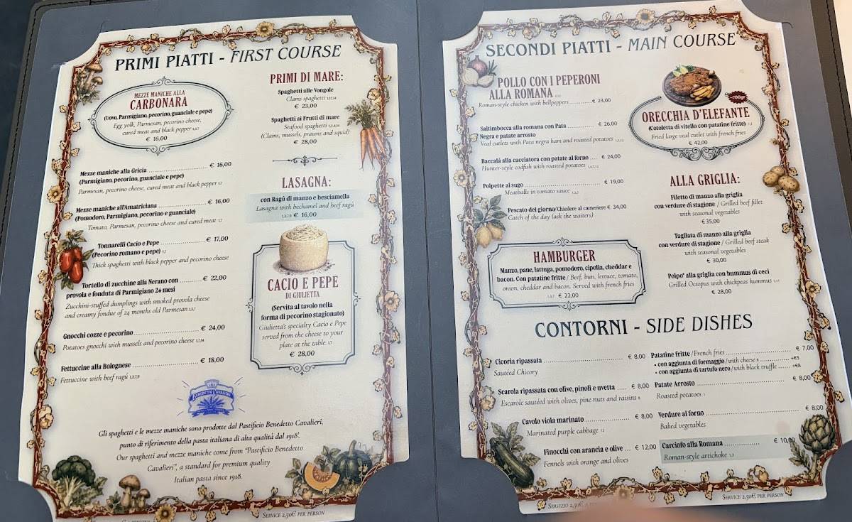 Giulietta alle Carrozze Ristorante меню
