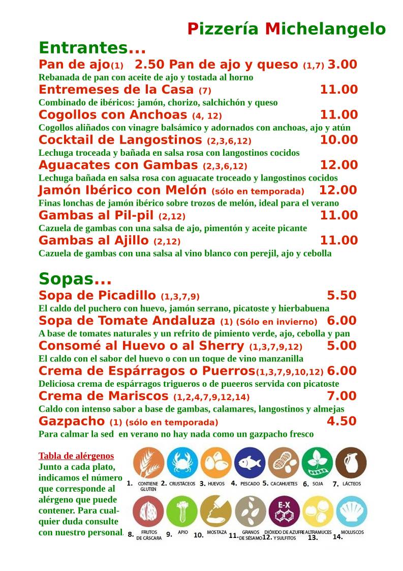 Restaurante Pizzería Michelangelo меню