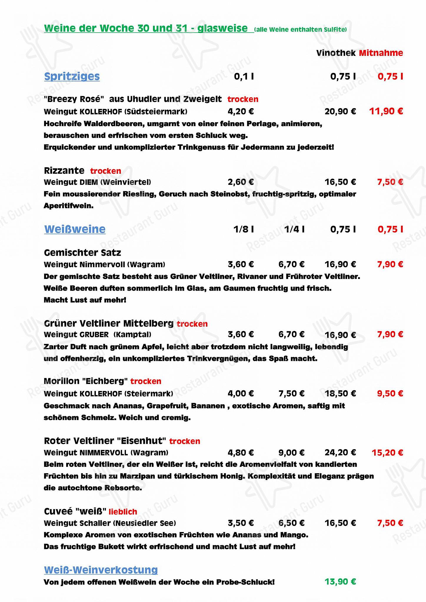 Меню паба и бара Vinothek Hacker - Dinner Menu