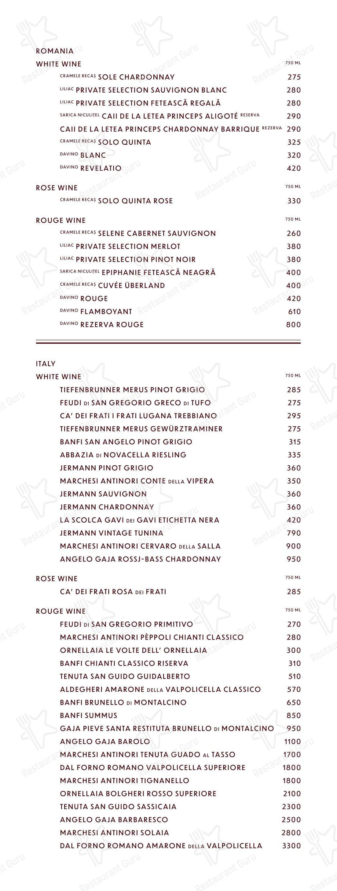 Основное меню ресторана SOL Restaurant в Бухаресте