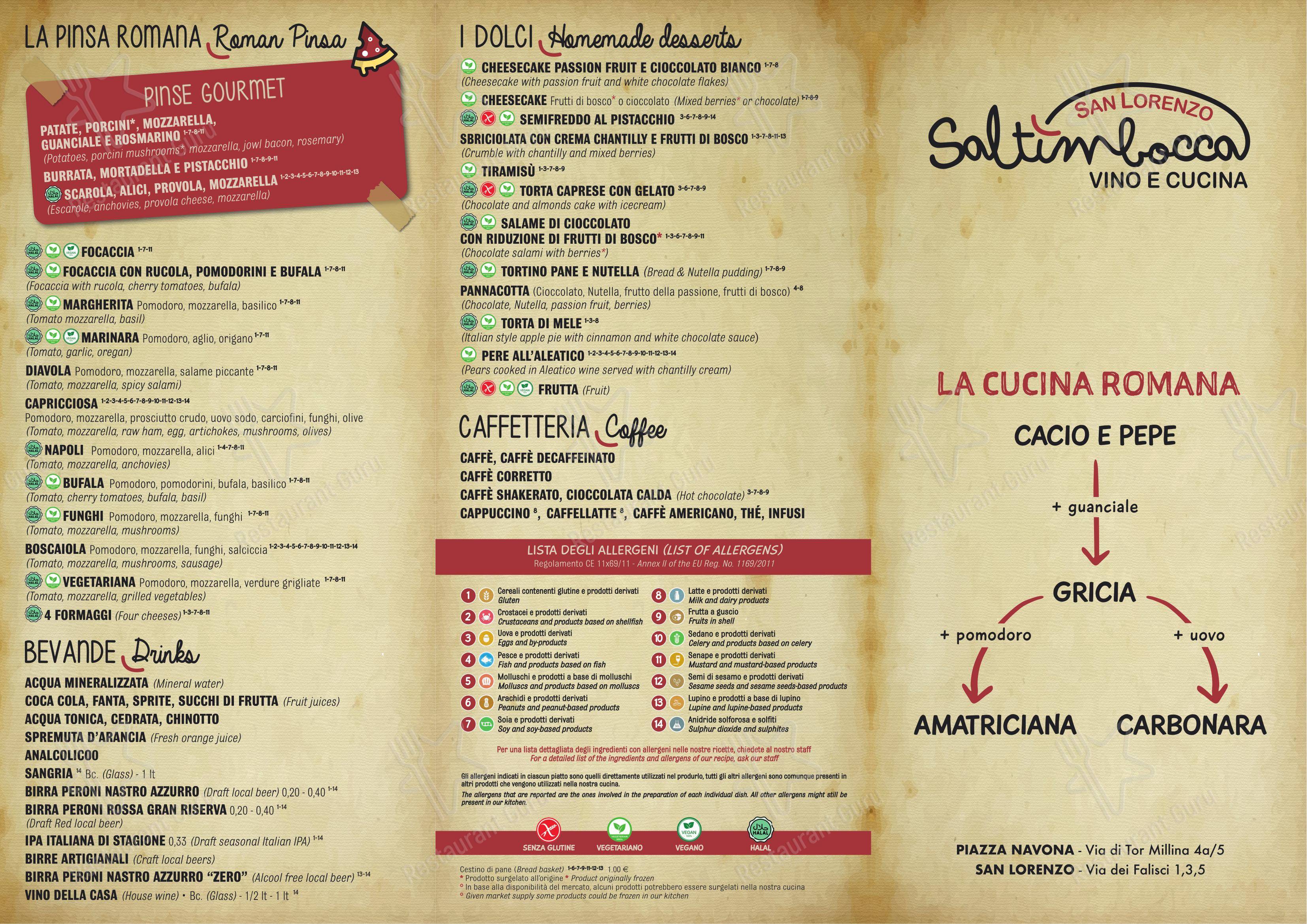 Меню пиццерии Saltimbocca ristorante - Меню