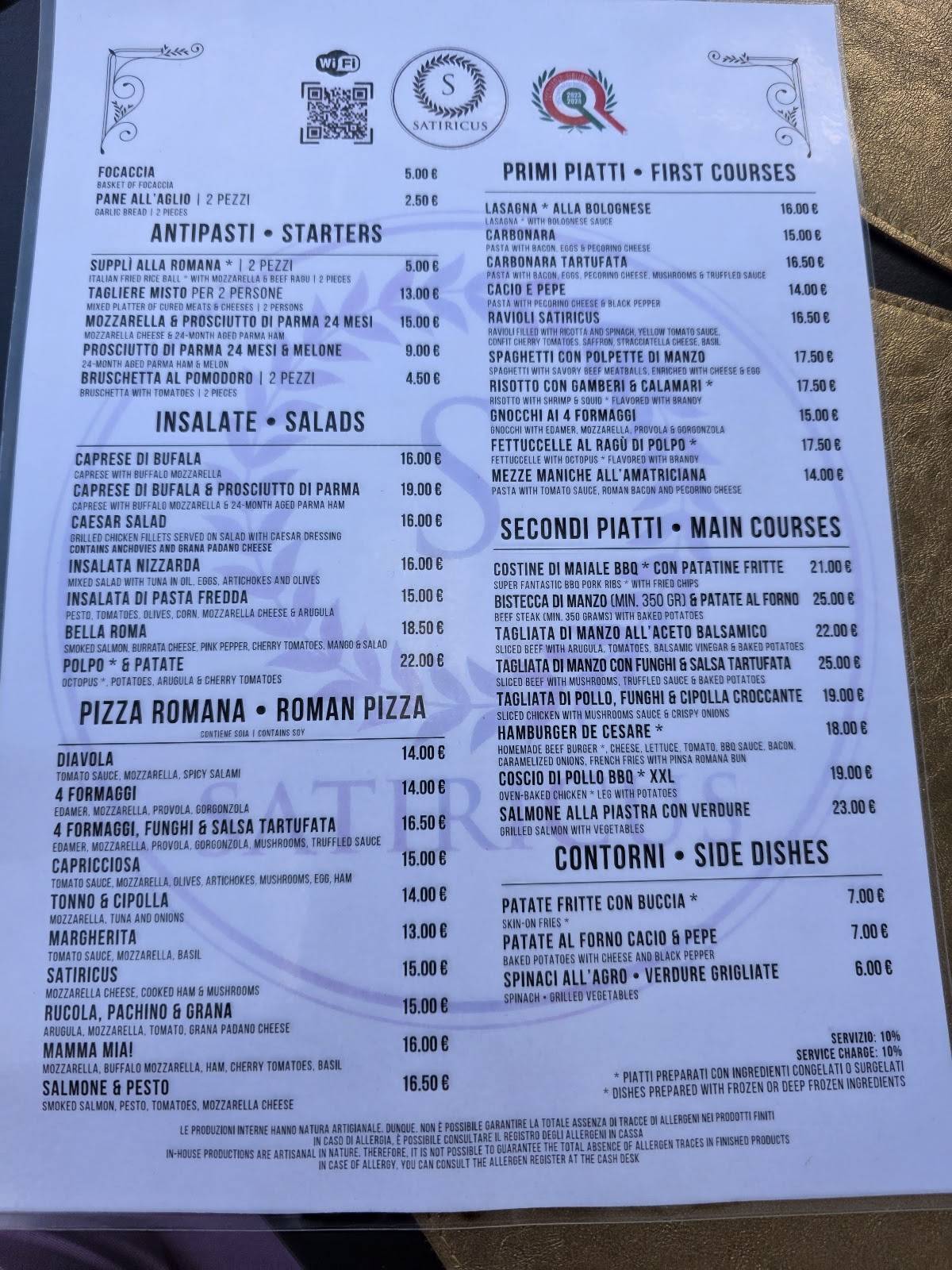 Satiricus Ristorante Pizzeria меню