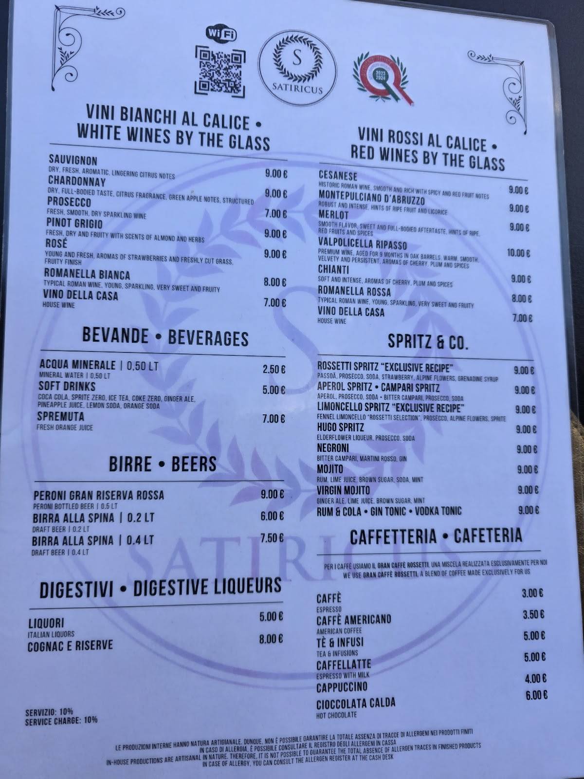 Satiricus Ristorante Pizzeria меню