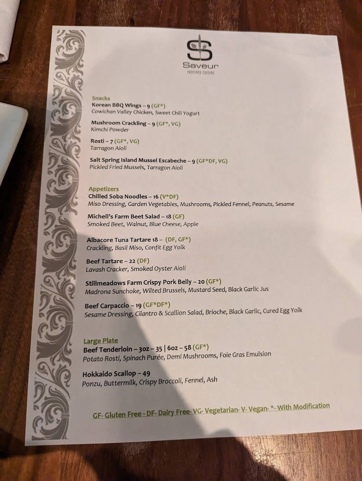 Saveur Restaurant меню