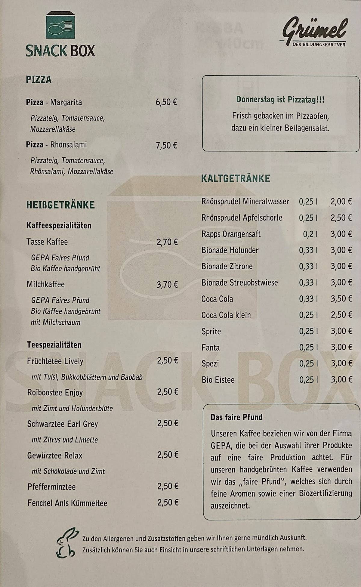 Snackbox меню