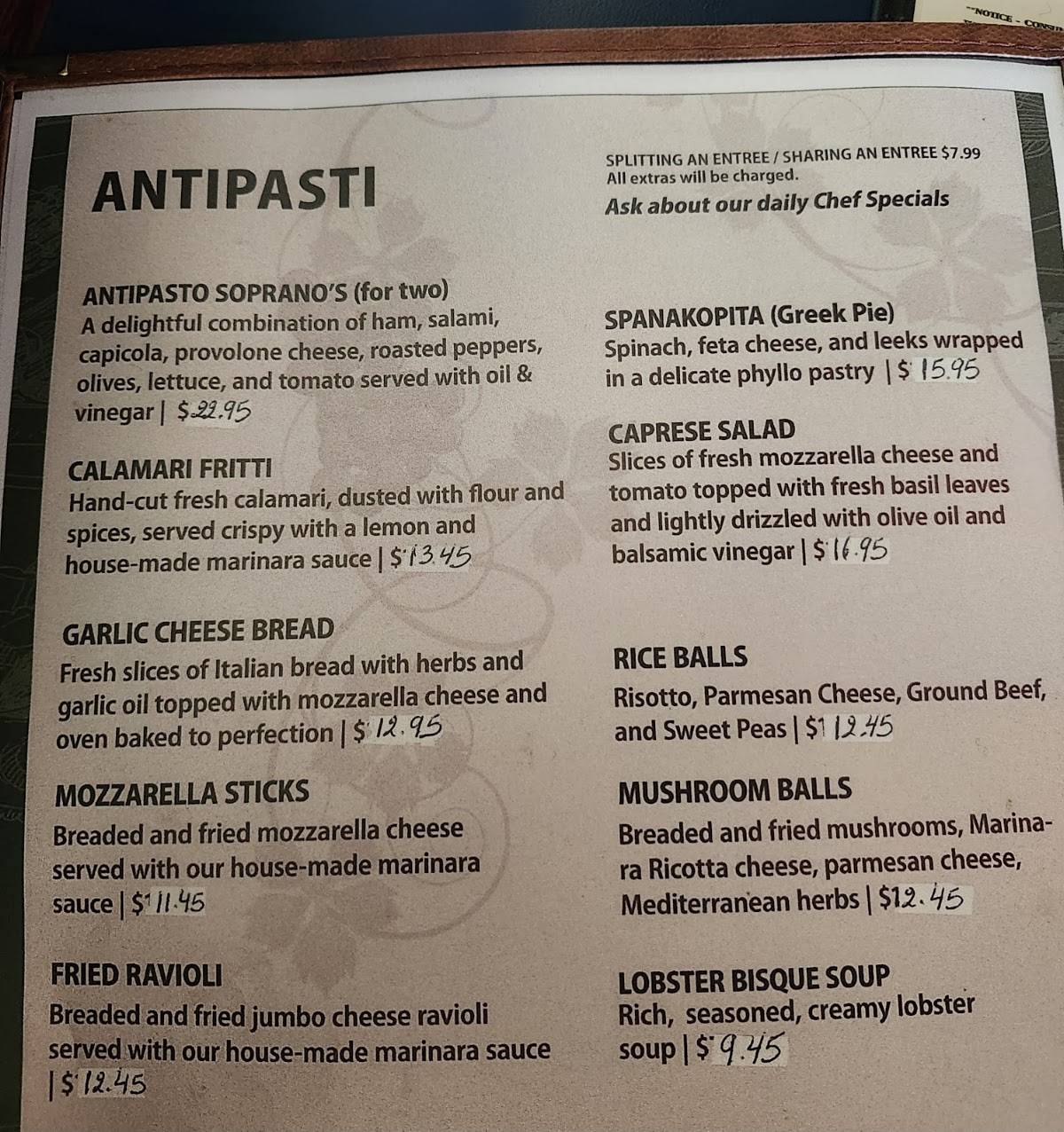 Sopranos Grill меню