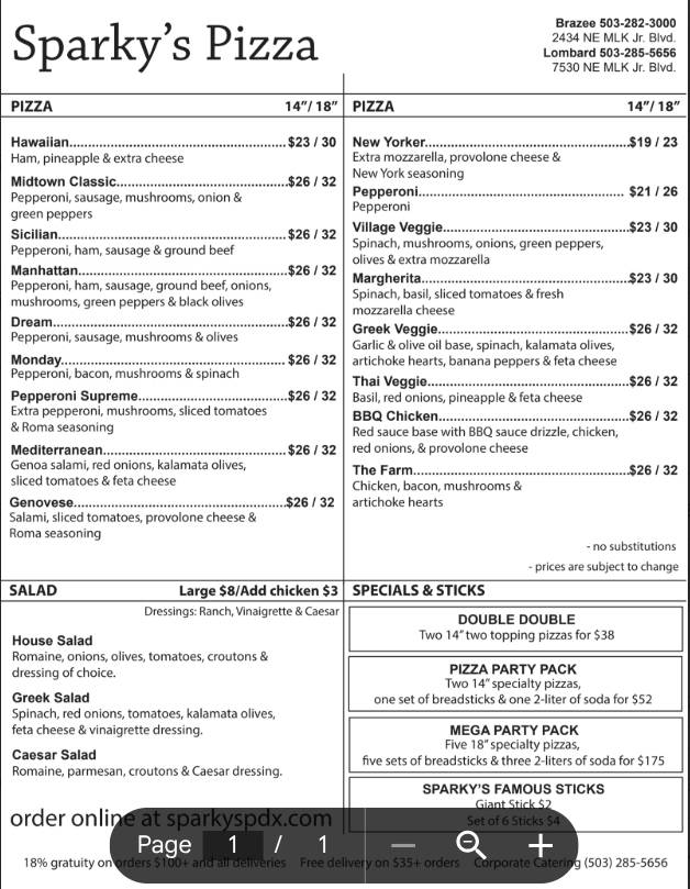 Sparky's Pizza меню