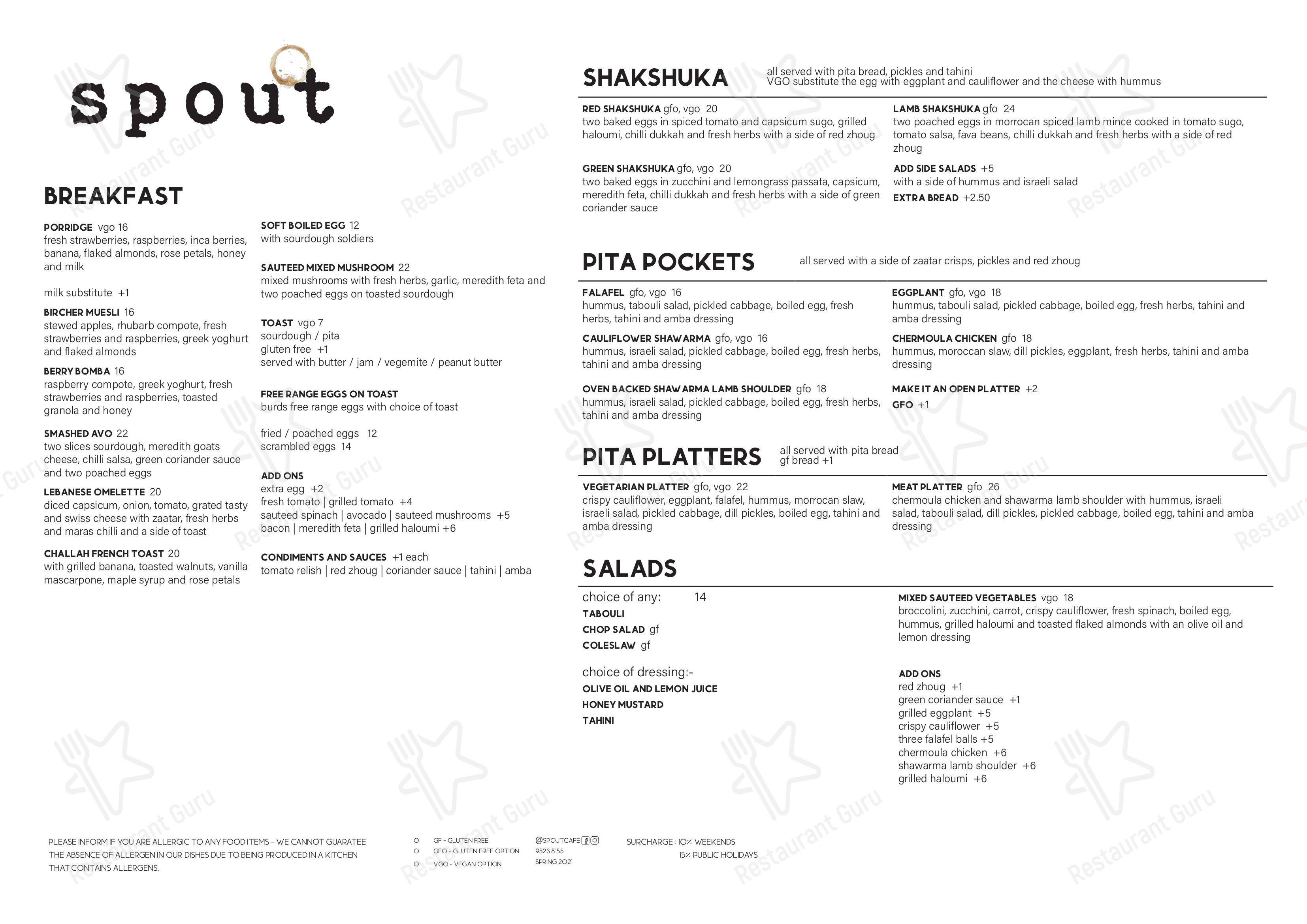 Меню ресторана Spout Cafe