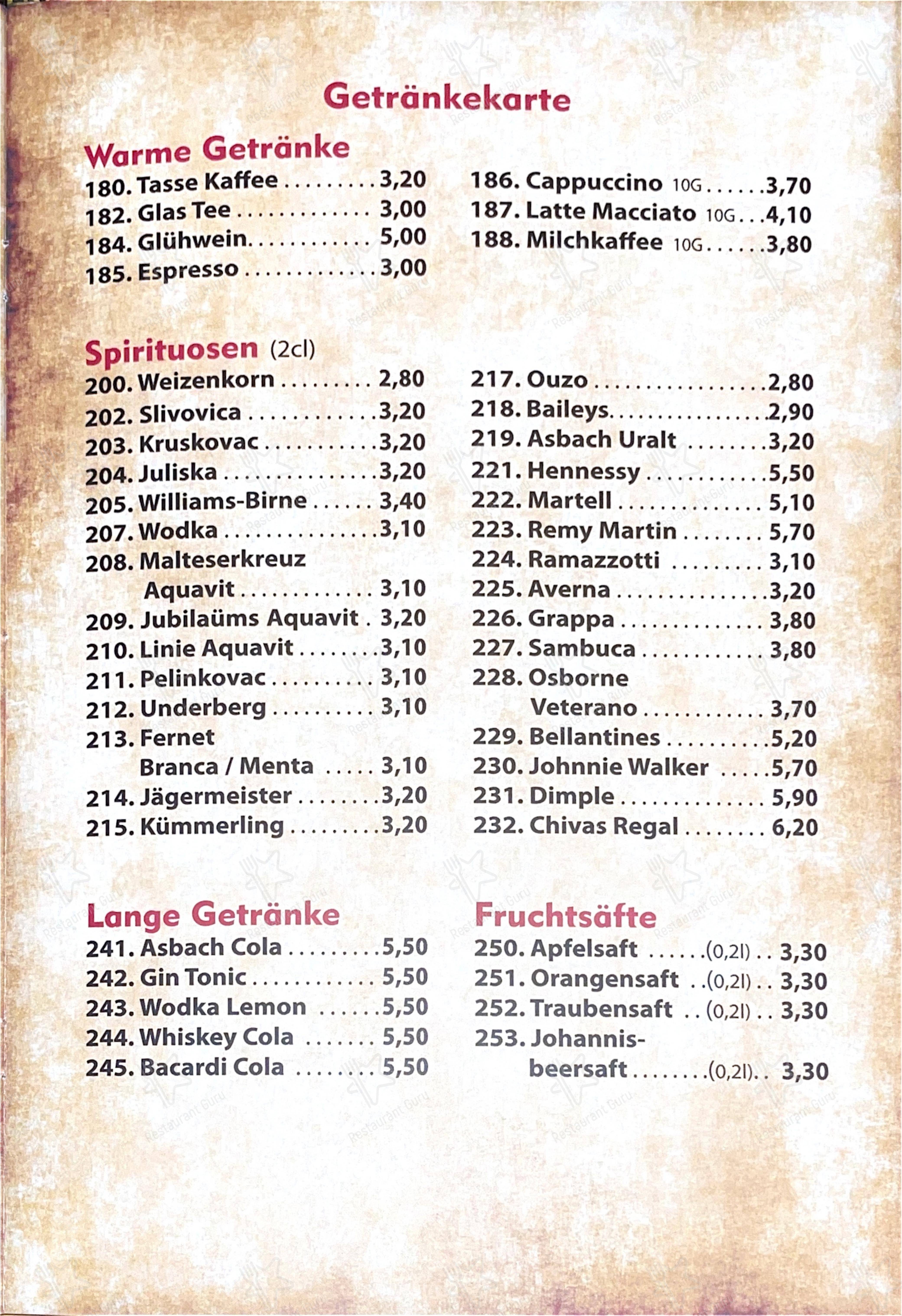 Меню напитков ресторана Steakhaus El Paso