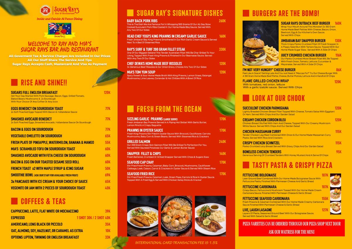 Sugar Rays Bar & Restaurant меню