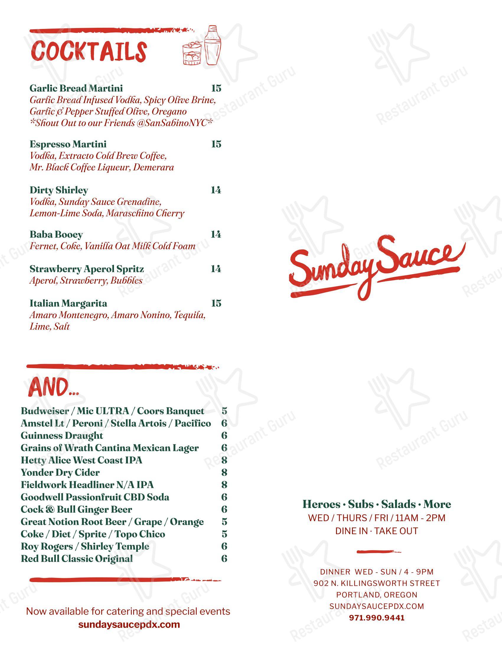 Sunday Sauce в Портленде - Меню