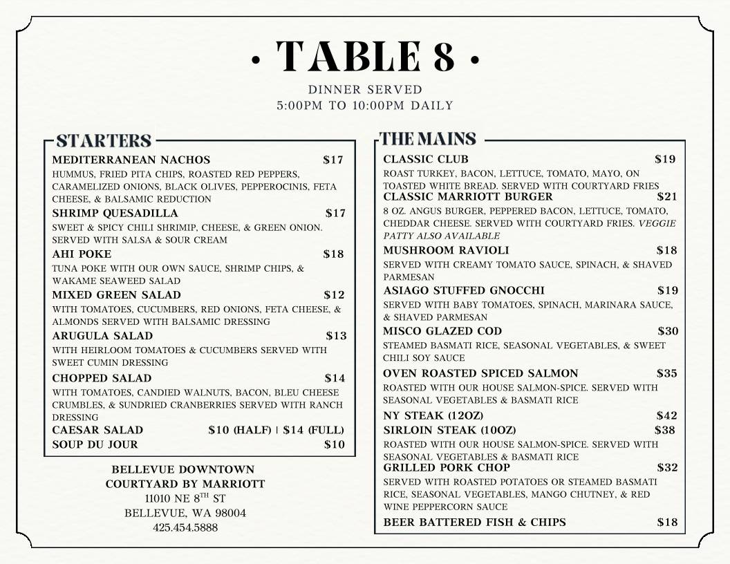 Table 8 Bar and Restaurant меню