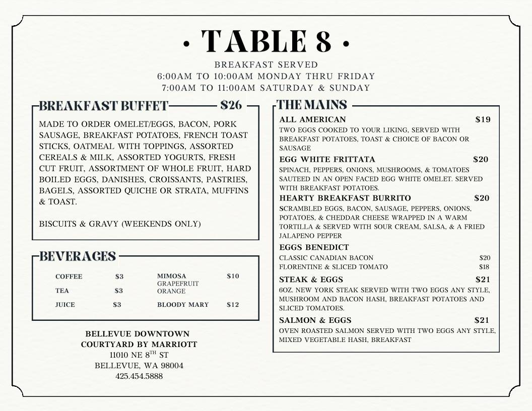 Table 8 Bar and Restaurant меню