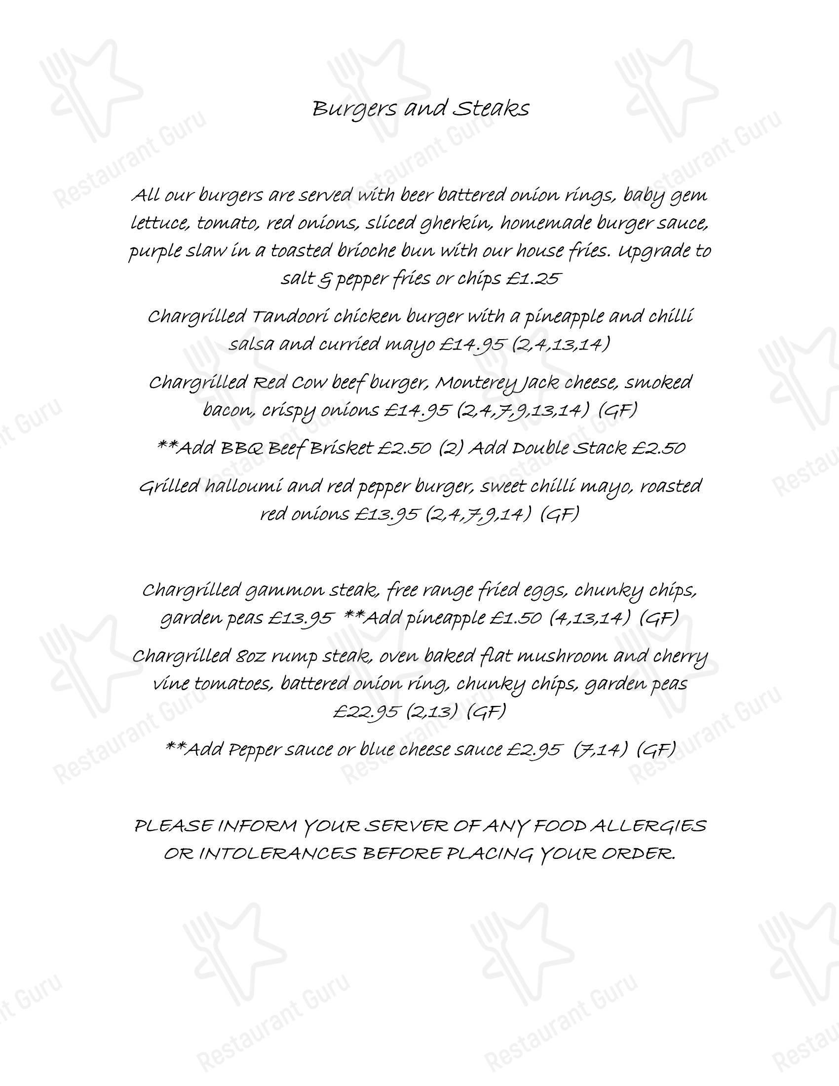 The Red Cow в Дерби - 菜单