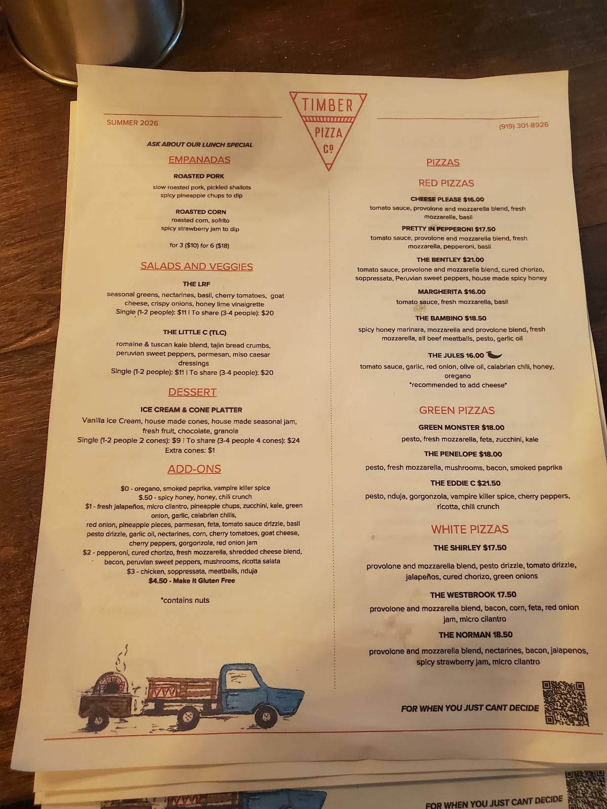 Timber Pizza Co. Raleigh меню