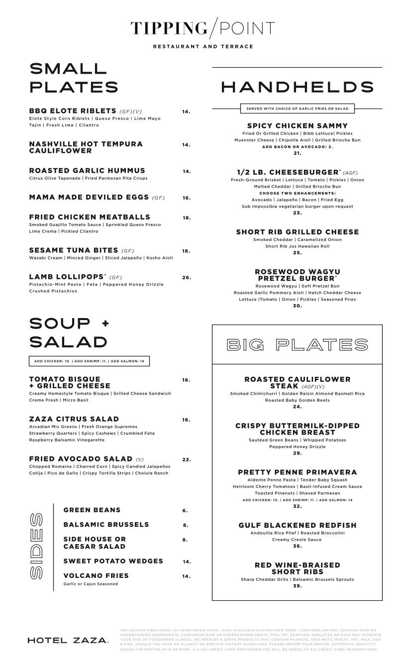Tipping Point Restaurant and Terrace меню