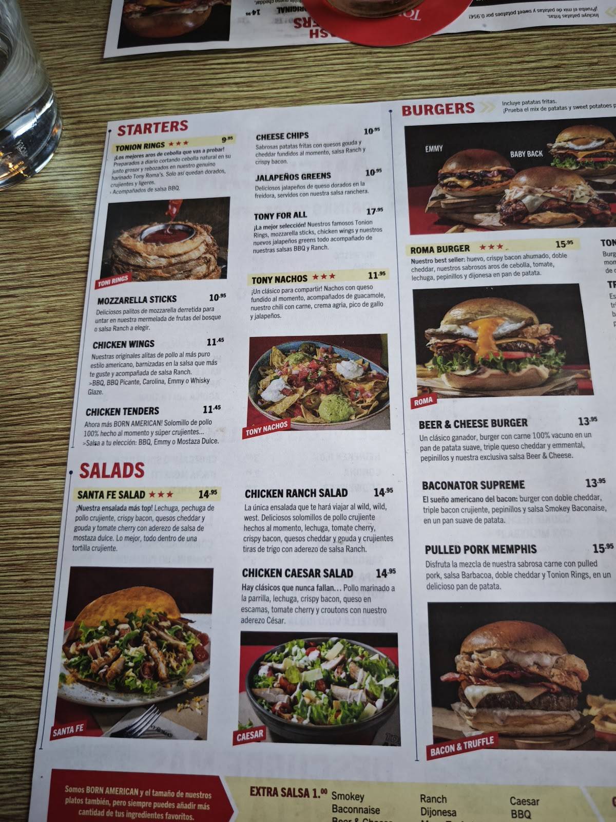 Tony Roma's меню